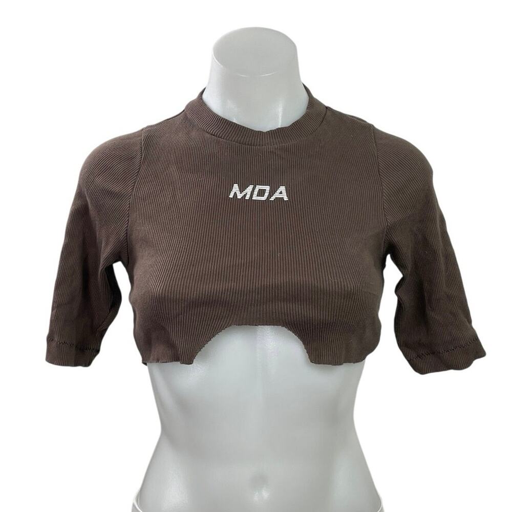 Me Dic Al Women's Brown Ribbed Knit Short Sleeve Moto Biker Crop Top Size XS